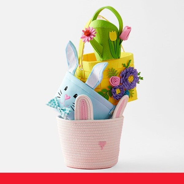 four stacked fabric Easter baskets